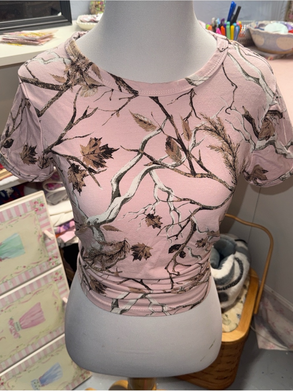 Women's Pink Short-Sleeve Floral Branch Print Tee